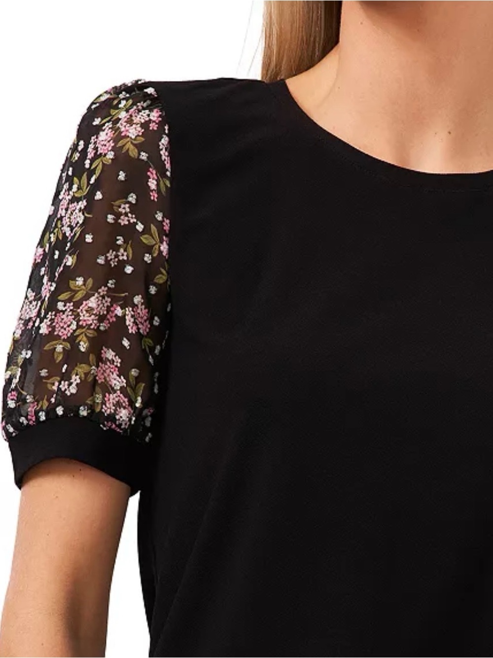 CeCe Women's Mixed Media Puff Sleeve Bouquet Knit Top, XS